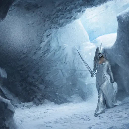 Prompt: eleanor tomlinson in steel armor in the ice cave. greg rutkowski. boris vallejo. 3 8 4 0 x 2 1 6 0