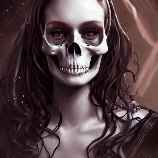 Image similar to epic portrait an woman with a skull face, wet flowing hair, shiny skin, illustration, unreal engine 5, 8 k, made by j. c. leyendecker