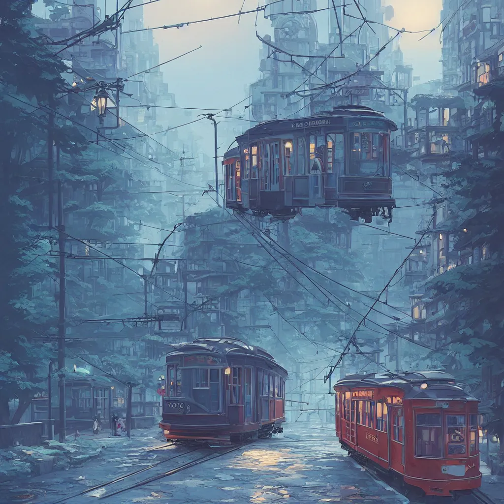 Image similar to a streetcar is running on the maple leaf sea, unreal engine, fantasy art by greg, loish, rhads, ferdinand knab, makoto shinkai and lois van baarle, ilya kuvshinov, rossdraws, tom bagshaw, night lighting, trending onstudio ghibli, highly detailed, octane render, 8 k