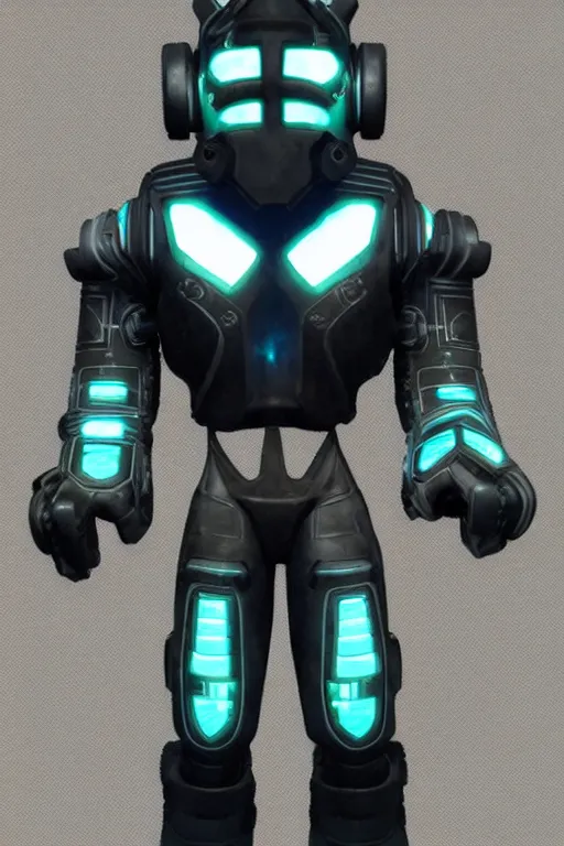 Image similar to tron themed fallout power armor, realistic product photo