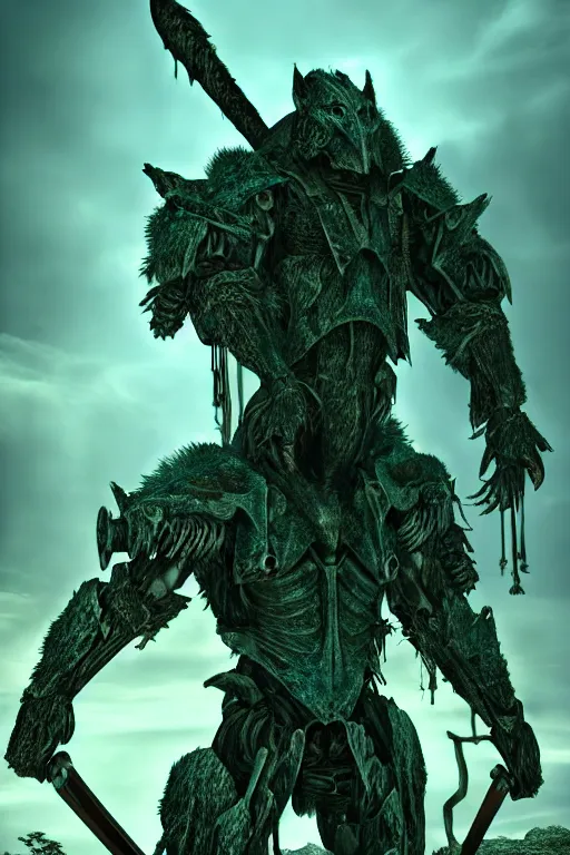 Image similar to post - gothic giant muscular humanoid chimera, exoskeleton armor, holding katana, dystopian ruins covered in vegetation, highly detailed smooth digital art masterpiece, vitaly bulgarov giger dramatic dark teal light, ground angle hd 8 k, sharp focus