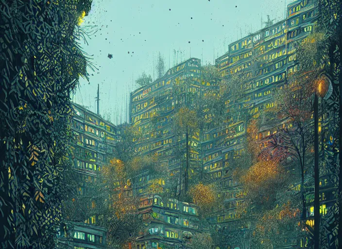 Prompt: city covered in overgrowth, colorful, Mads Berg, Karolis Strautniekas, stippled light, editorial illustration, detailed,fine texture, textured, matte print