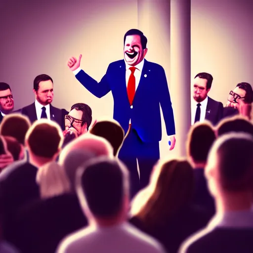 Prompt: a realistic illustration photo from the backstage of a politician giving a speach to a crowd in a theather, theres are strings attached to the politician being controled by a creature in the shadows laughing mischievously, people don't seme to notice an cherish the spaeker, wide lens, volumetric lighting,