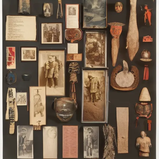 Image similar to A three color offset photography of a collection of objects on display, anthropology of wonder, exotic artifacts, colonial expedition, catalog exhibition, 60s