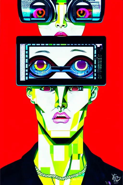 Image similar to max headrom wearing oculus and digital glitch head, style of yoshii chie, hikari shimoda higly detailed