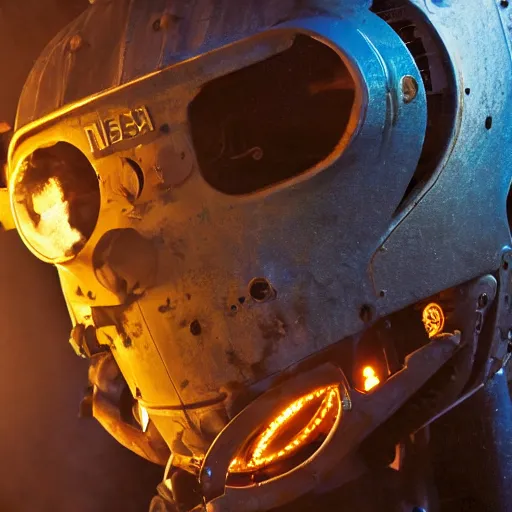 Image similar to toaster oven mecha head, dark messy smoke - filled cluttered workshop, dark, dramatic lighting, orange tint, sparks, cinematic, highly detailed, sci - fi, futuristic, movie still