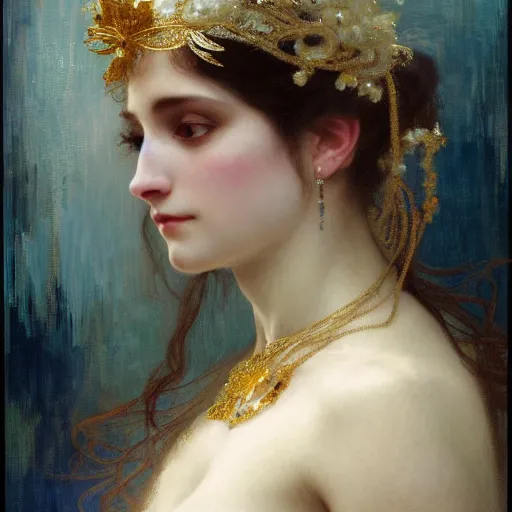 Image similar to a highly detailed beautiful white haired woman, adorned with precious stones and thin gold tendrils, by jeremy mann, by alphonse mucha, by william - adolphe bouguereau, 4 k resolution, trending on artstation, very very detailed, masterpiece, stunning, intricate,