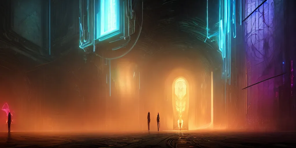 Image similar to portal to the ethereal realm, centered composition, intricate concept art, ethereal, ominous, mysterious, enchanted, magic, dramatic lighting, illuminated lines, outrun, vaporware, illuminated runes, cyberpunk darksynth, dark background, 8 k, octane render, by james paick and stephan martiniere and alphonse mucha