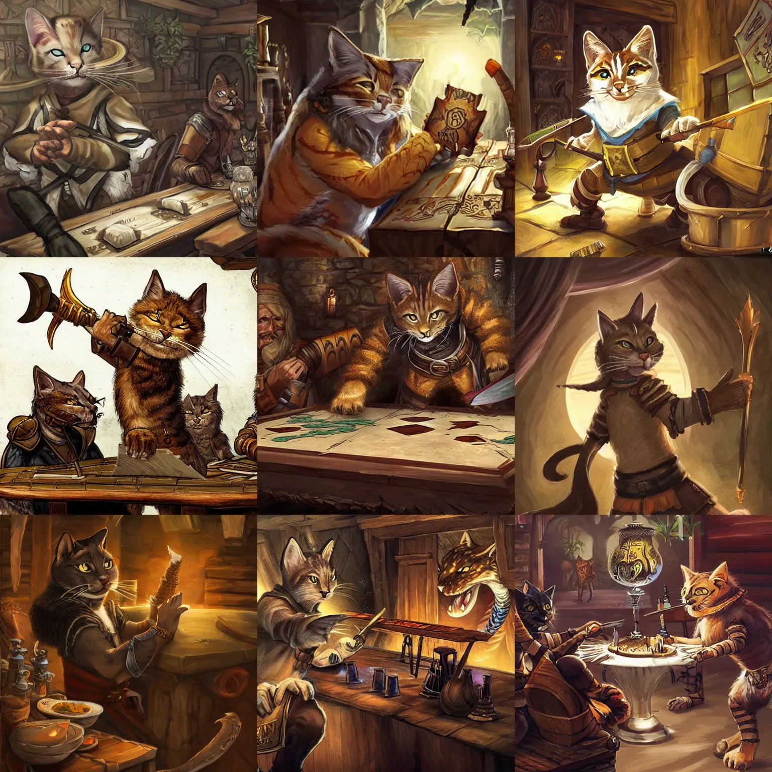 Prompt: Tabaxi bard playing in a tavern, D&D fantasy, trending, epic detail, professional art