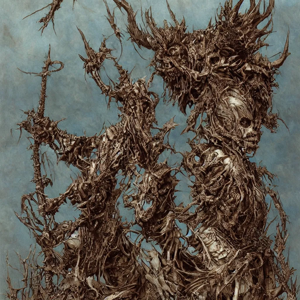 Image similar to A creepy armored horned fanged demon woman with blue scarred skin wrapped in barbed wire. Extremely high detail, realistic, fantasy art, solo, bones, ornate, textured, cgsociety masterpiece, saturated colors, tricate omnious visionary concept art tangled, ripped flesh, art by Zdzisław Beksiński, Arthur Rackham, Dariusz Zawadzki