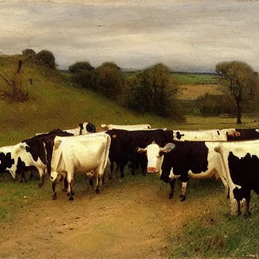 Image similar to a herd of cows on a country road, 1 9 th century painting, anton mauve