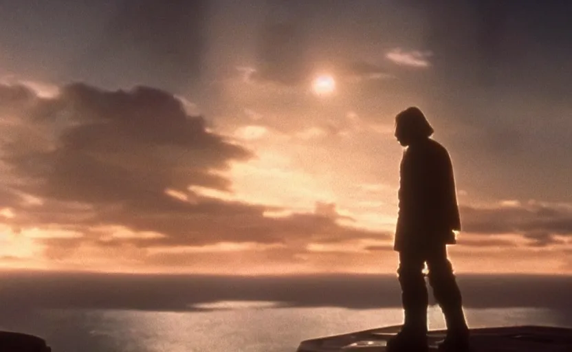 Image similar to iconic wide cinematic screen shot of luke skywalker downtrodden standing with a view of coruscant at sunset, from the thrilling scene from the hbo succession, moody cinematography, foggy volumetric lighting, hyper detailed scene, anamorphic lenses 2 4 mm, lens flare, award winning