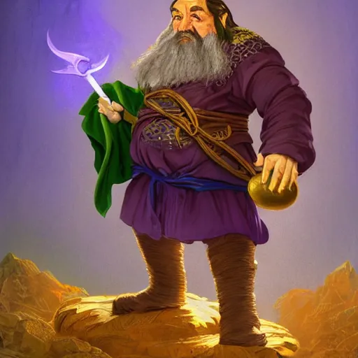 Prompt: portrait of a dwarf showing off the humongous raw gold nugget, realistic, beautiful, fantasy art, dnd, lord of the rings, by eyvind earle, james jean, concept art, sharp focus, ray tracing