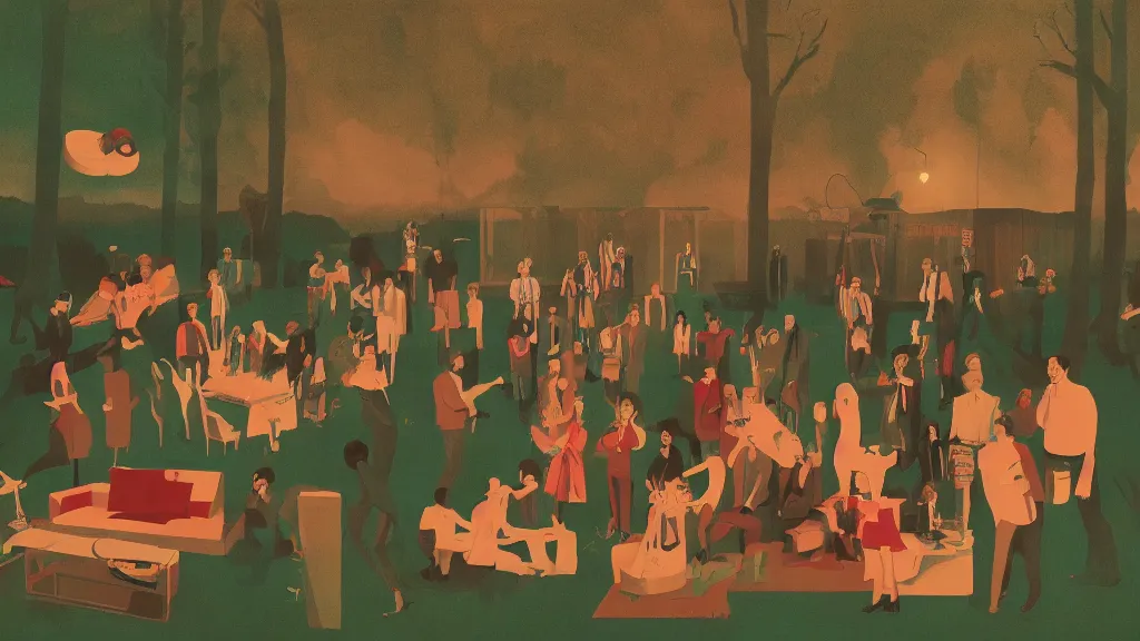 Image similar to An outdoor party, in the style of David Lynch, by Wes Anderson, concept art, artstation