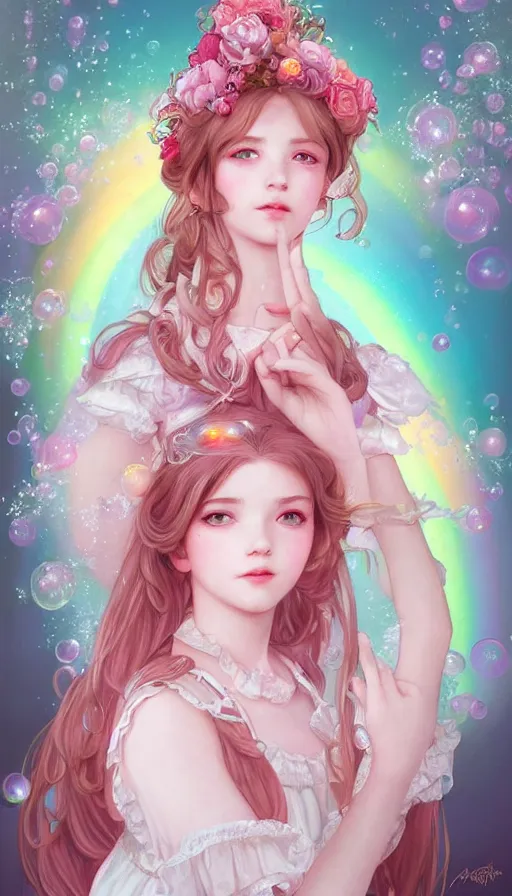 Image similar to portrait of magical lolita girl, dreamy and ethereal, expressive pose, big pink eyes, exciting expression, fantasy, intricate, elegant, many rainbow bubbles, rose tones, highly detailed, digital painting, artstation, concept art,cyberpunk wearing, smooth, sharp focus, illustration, art by artgerm and greg rutkowskiand alphonse mucha