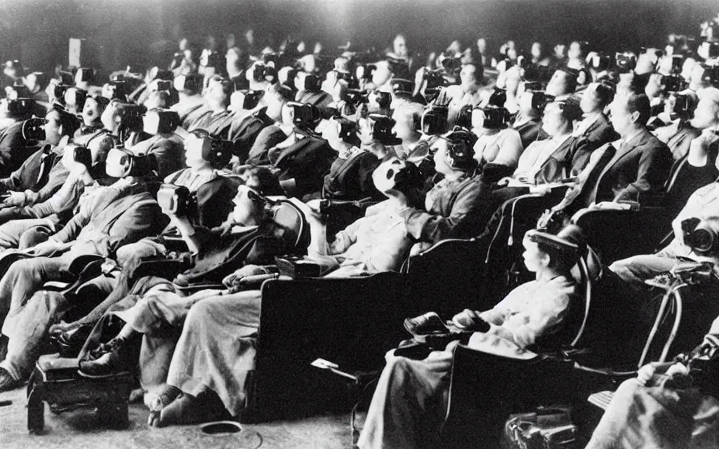 Prompt: 1 9 0 0 s photo of people using iphones ipods virtual reality headsets vr watching hd tv in a movie theater