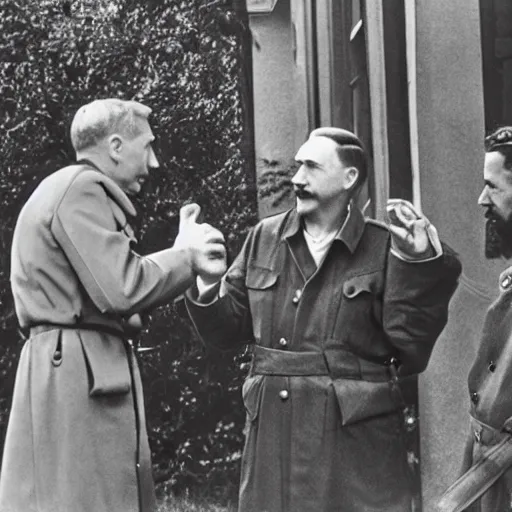 Image similar to god and the holy spirit conversing with hitler and stalin over coffee in a versailles garden