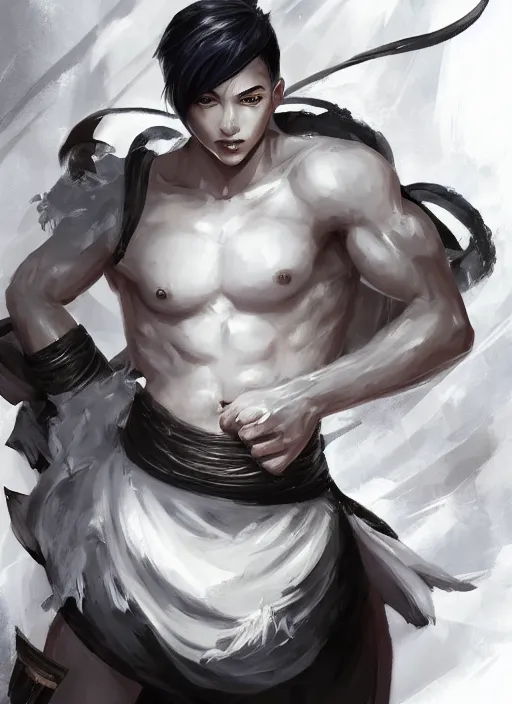 Image similar to a highly detailed illustration of fierce short white haired parted through the middle young attractive asian man, wearing hakama, with black sclera eyes, heroically battle posing, muscular, intricate, elegant, highly detailed, centered, digital painting, artstation, concept art, smooth, sharp focus, league of legends concept art, WLOP