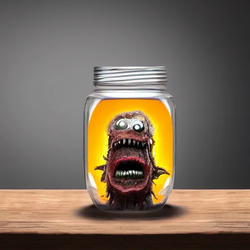 Image similar to Evil monster in a jar, product photography, centered, studio lightning