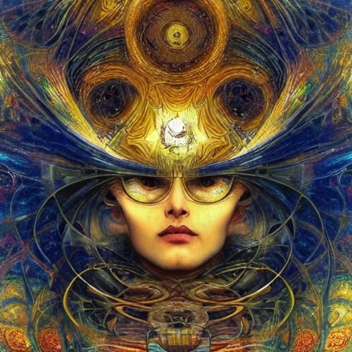 Image similar to Divine Chaos Engine by Karol Bak, Jean Deville, Gustav Klimt, and Vincent Van Gogh, sacred geometry, visionary, mystic, spiritual, fractal structures, ornate gilded medieval icon, third eye, spirals