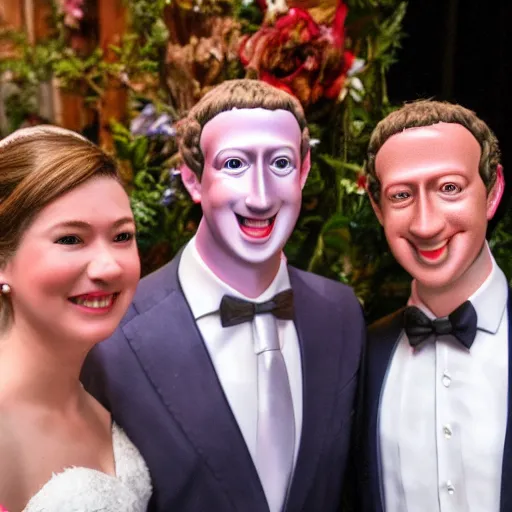 Prompt: animatronic Mark Zuckerberg, exposed mechanics, wedding photo, Stan Winston studios, detailed, 4k