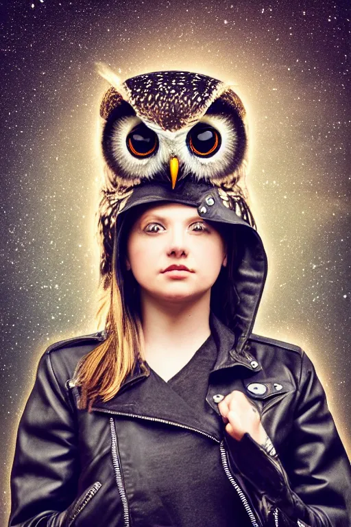 Prompt: front of owl wearing black biker jacket, portrait photo, full body, backlit, studio photo, golden ratio, starry background