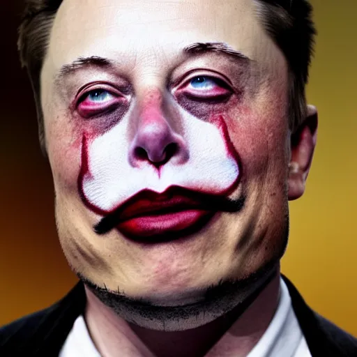 Image similar to Elon Musk with colorful clown makeup whiteface all over his face