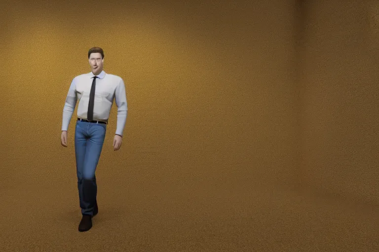 Prompt: 3 d render of jerma 9 8 5, jerma in endless halls of office space with worn light mono - yellow 7 0 s wallpaper, old moist carpet, and inconsistently - placed fluorescent lighting | liminal space | non - euclidean space | high octane | blender | 3 d render