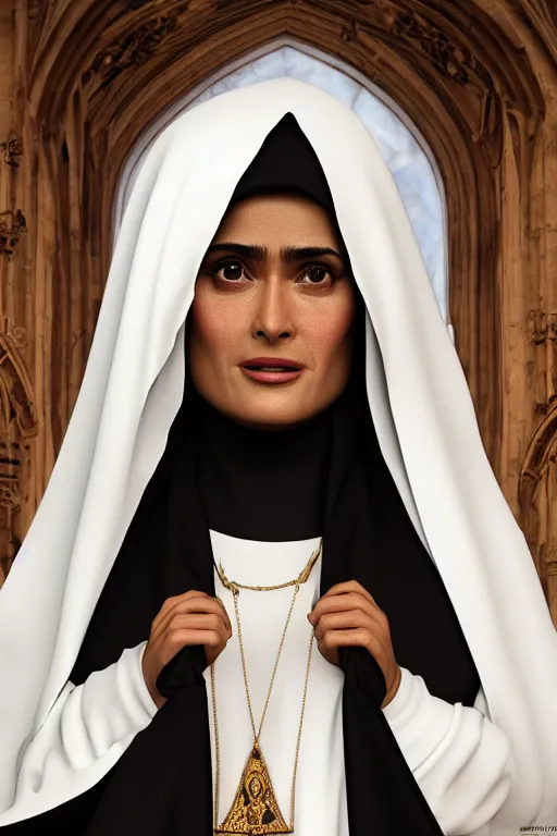 Prompt: salma hayek dressed as a nun, big slightly open bust, church interior, highly detailed, wide shot, intricate, cute, mystical, sharp focus, Trending on Artstation HQ, deviantart, unreal engine 5, 4K UHD image