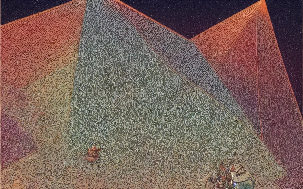 Prompt: pyramid. retro art by jean giraud. fibonacci. by brian froud, yoshitaka amano, kim keever, victo ngai