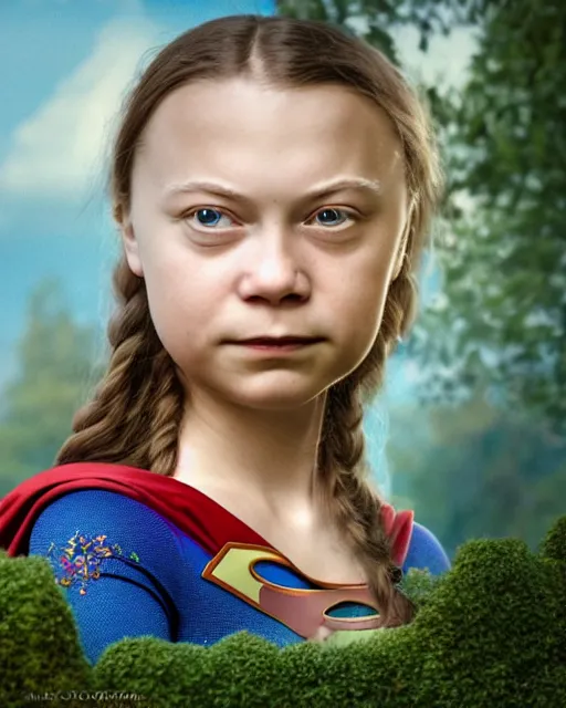 Image similar to closeup face profile portrait of greta thunberg as supergirl as a fairytale princess wearing a crown eating cakes in the castle, bikini, depth of field, zeiss lens, detailed and intricate environment, fashion photoshoot by nicoletta ceccoli, mark ryden, lostfish, breathtaking, 8 k resolution, artistic, hyperrealistic, octane render