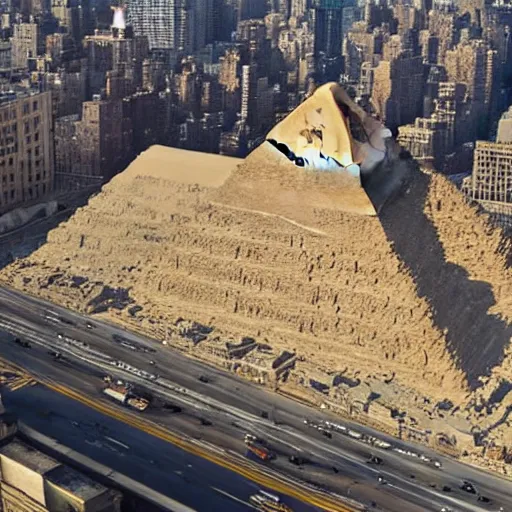 Prompt: egyptian pyramids in manhattan drone footage shot on arri alexa flat light high detail