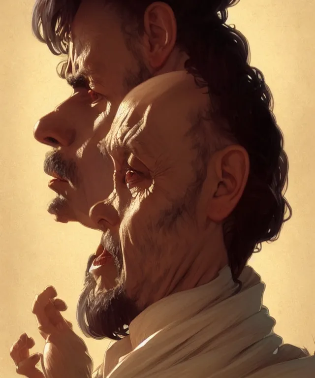 Prompt: a bad preacher, a suspicious priest, portrait, intricate, elegant, highly detailed, digital painting, artstation, concept art, smooth, sharp focus, illustration, art by artgerm and greg rutkowski and alphonse mucha