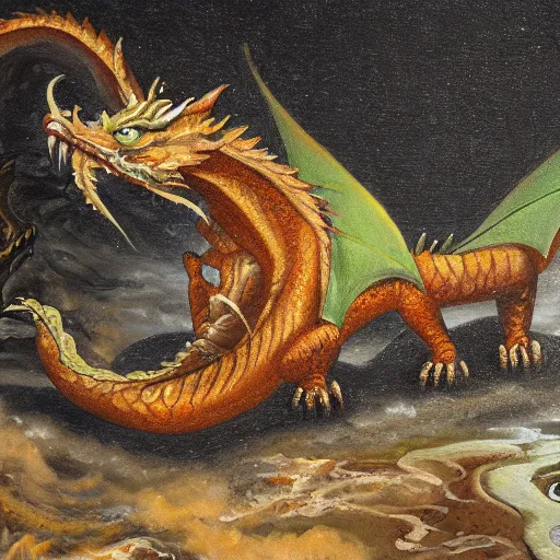 Image similar to oil painting of a dragon emerging from a hotspring