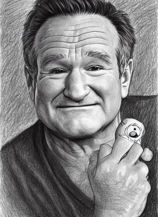 Image similar to a drawing of Robin Williams, by Studio Ghibli, 8k, illustation