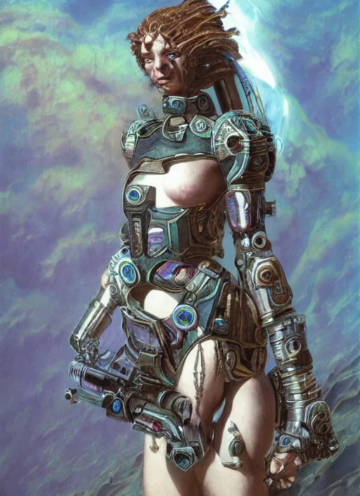 Prompt: biblical daemonic bautiful cyborg girl with glowing veins, shoulder pads, rocket launcher, on planet jupiter, underwater photography, by gerald brom, by mikhail vrubel, by peter elson, muted colors, extreme detail, trending on artstation, 8 k