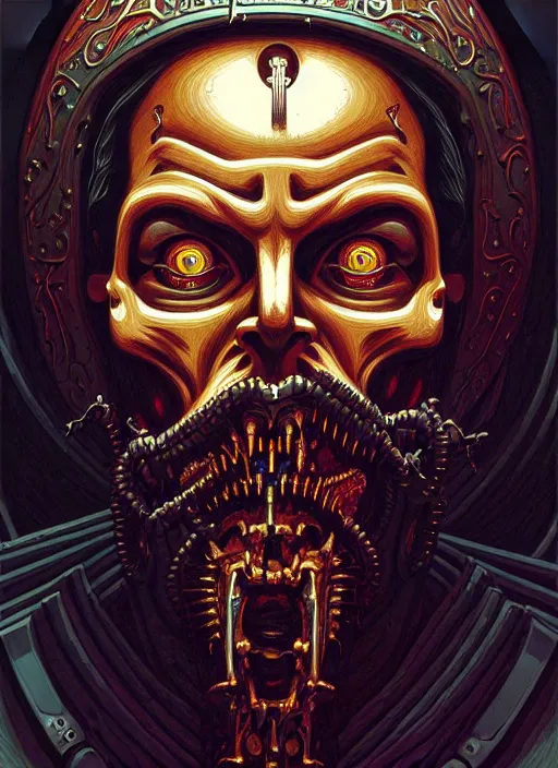 Image similar to hyper detailed ultra sharp orthodox evil jesus icon, biomechanical, tormented man, trending on artstation, byzantine aesthetic, doom, religious, sinister, ornate, intricate, digital painting, concept art, smooth, sharp focus, illustration, art by josan gonzalez, greg rutkowski, killian eng and zdizslaw beksinski