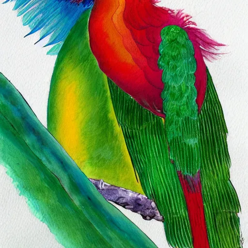 Image similar to A painting of a Resplendant Quetzal on a white background, watercolour, pastel colours,