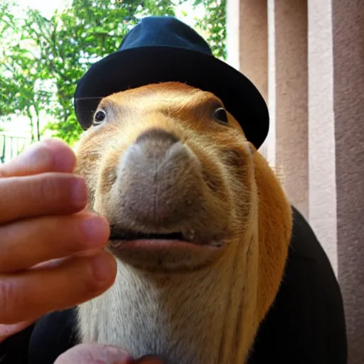 Image similar to smoking cigar, a man wearing a suit capybara head wearing a hat (smoking cigar)