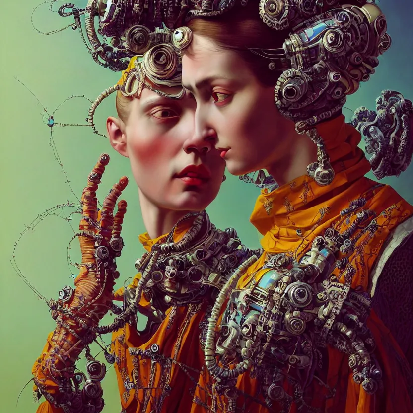 Prompt: colour caravaggio style photography of highly detailed beautiful woman with 1 0 0 0 years perfect face and wearing detailed ukrainian folk costume designed by taras shevchenko also wearing highly detailed retrofuturistic sci - fi neural interface designed by josan gonzalez. many details in style of josan gonzalez and mike winkelmann and andgreg rutkowski and alphonse muchaand