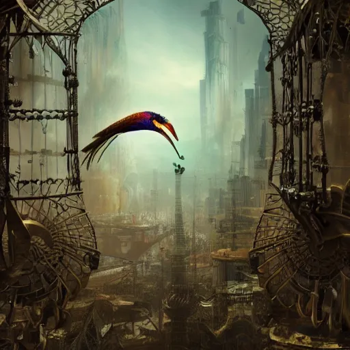 Image similar to intricate cage with bird of paradise steampunk, matte painting, cinematic, epic composition, detailed, atmospheric, wide angle, artstation trending