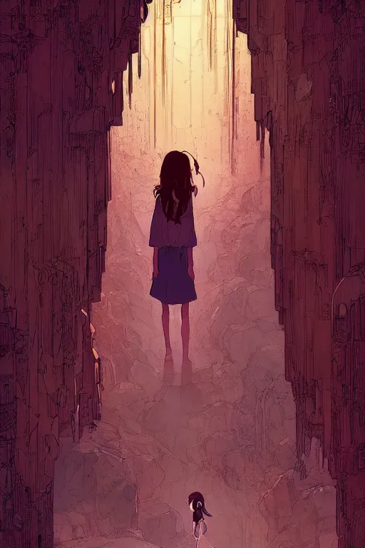 Image similar to a girl sneaking behind a giant wooden door with archaic symbols embedded onto it, in a cave with the waterfall, digital art, illustrated by pascal campion and moebius and victo ngai, comics style