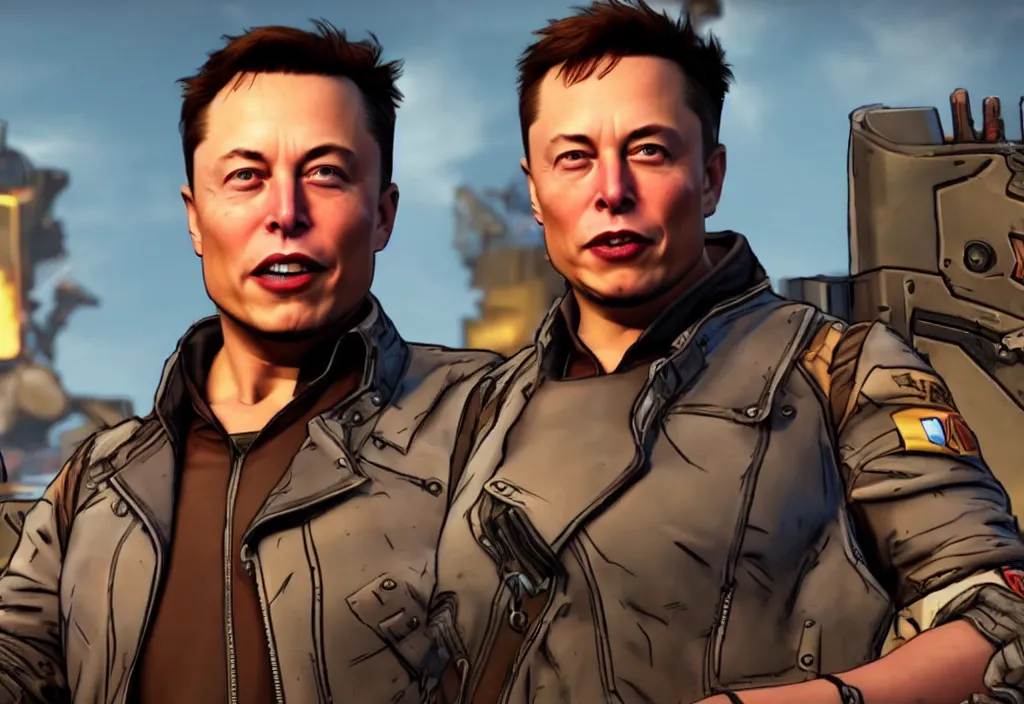 Image similar to elon musk in borderlands elon musk in the video game borderlands, gameplay screenshot, close up, 3 d rendering. unreal engine. amazing likeness. very detailed.