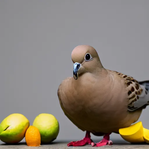 Prompt: high quality studio photography of a dove with assorted fruit, solid background