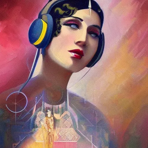 Image similar to intricate, amazing, art deco, retro vintage and romanticism, painting by niloufer wadia, soft color palette, highly detailed, godess with headphones from space sci - fi of ancient religion