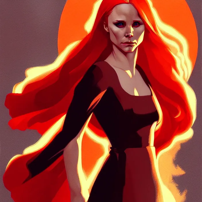 Image similar to style artgerm, joshua middleton, dean cornwell, beautiful kristen bell with dark red dress, very long orange hair, symmetrical face, symmetrical eyes, fire powers fire swirling, detailed, volcano setting, cinematic lighting