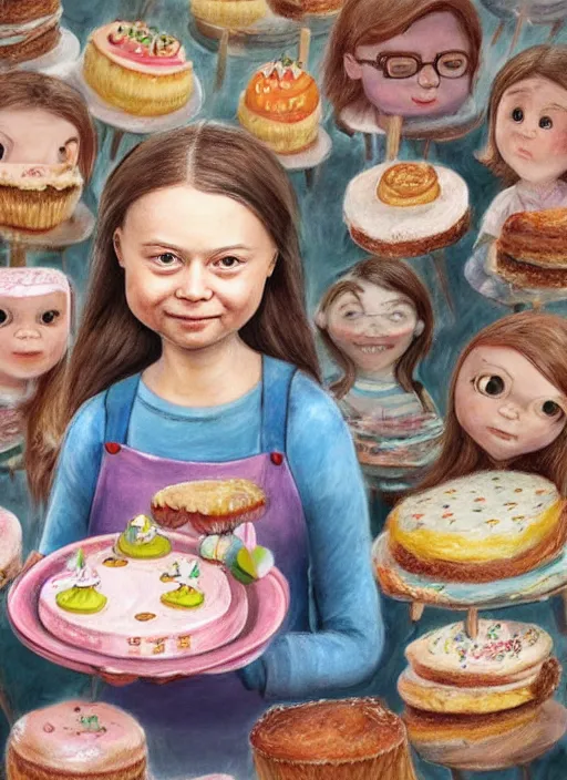 Image similar to greta thunberg eating cakes painted by nicoletta ceccoli, detailed digital art, trending on Artstation