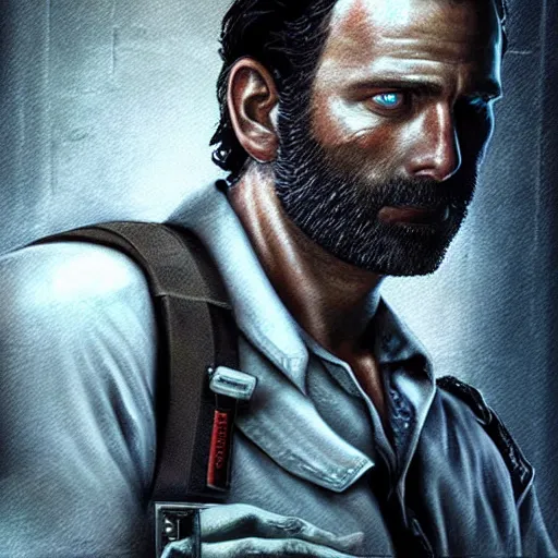 Image similar to rick grimes in resident evil, artstation hall of fame gallery, editors choice, #1 digital painting of all time, most beautiful image ever created, emotionally evocative, greatest art ever made, lifetime achievement magnum opus masterpiece, the most amazing breathtaking image with the deepest message ever painted, a thing of beauty beyond imagination or words