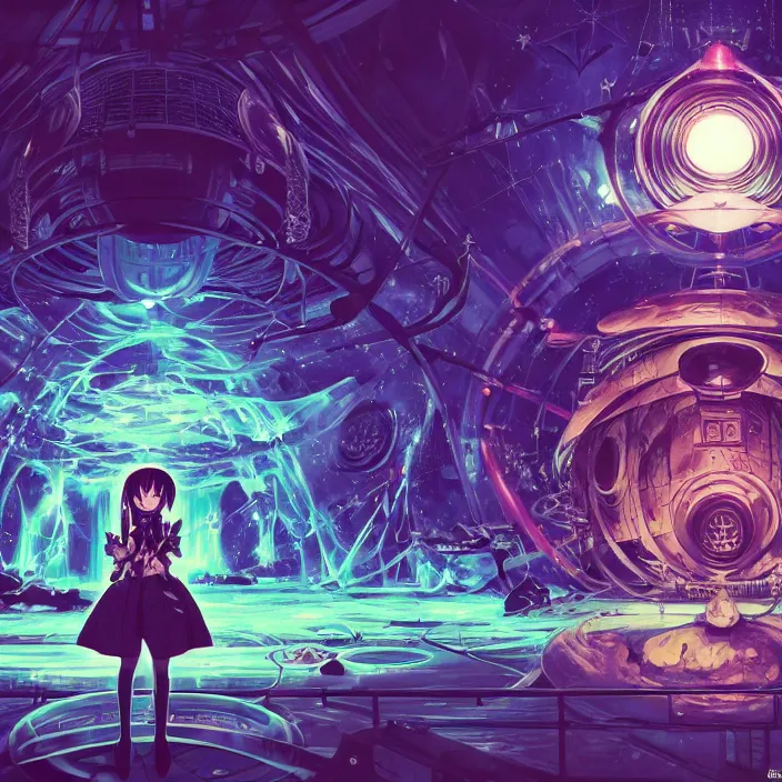 Image similar to Albedo from overlord, mamimi samejima, psychedelic background, epcot, inside a space station, eye of providence, female anime character, Lain, uwu, uwu, Luminism, Tomas Sanchez, Karla Knight, surrealism, Simon Stålenhag, M. C. Escher, Ruan Jia, uwu Hi-Fructose, Artstation, HD, HDR, High Resolution, technological rings, giygas