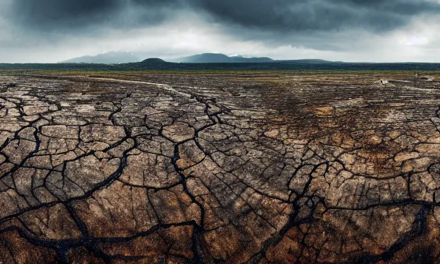 Image similar to panorama of big raindrops floating above a dried up river in a desolate land, dead trees, blue sky, hot and sunny highly-detailed, elegant, dramatic lighting, artstation, 4k, cinematic landscape, photograph by Elisabeth Gadd